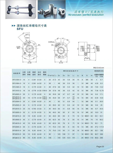 Technical specifications for SFU1605 Ball Screw Assembly For CNC Machines 16mm Diameter 5mm Lead 600mm Length Includes Ball Nut