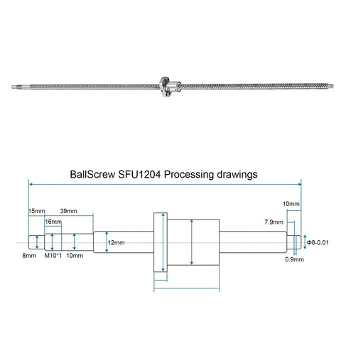 Technical diagram and side view of SFU1204 Ball Screw 12mm Diameter 4mm Lead 800mm Length With Anti Backlash Nut Standard End Machining.