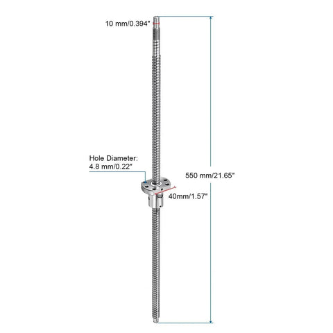 SFU1204 Ball Screw Assembly 12mm Diameter 4mm Lead 550mm Length with Ball Nut Anti Backlash Kit shown in measurement view