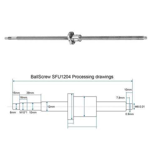 SFU1204 Ball Screw Assembly 12mm Diameter 4mm Lead 550mm Length with diagram showcasing machining dimensions