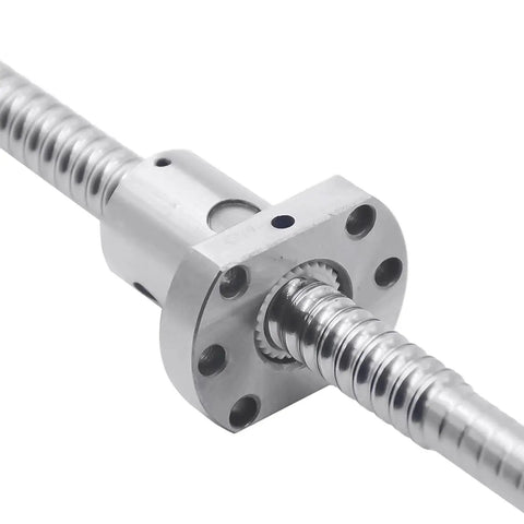 Close-up of 400mm SFU1204 ball screw with metal deflector nut for CNC routers, milling machines, and 3D printers, featuring precision motion.