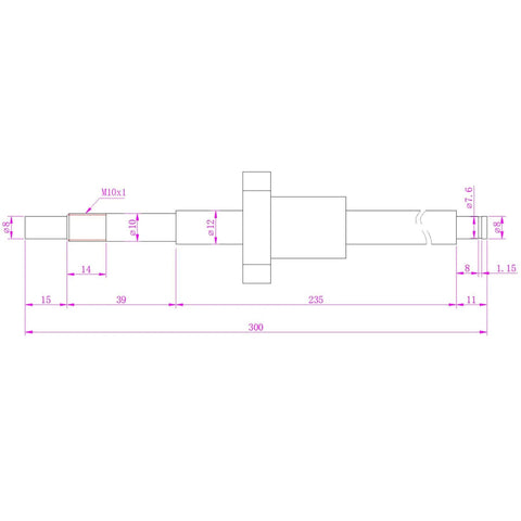 Technical drawing of Ball Screw SFU1204 with 12mm diameter and 4mm pitch, 300mm length, with metal nut for CNC axis motion applications.