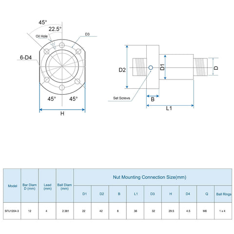 Detailed dimensions diagram for SFU1204 Ball Screw Kit 200mm with Anti Backlash Ball Nut, machined ends for BK BF12, bearing steel material.