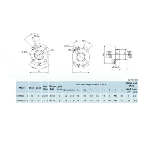 Technical diagram of 1PCS SFU1204 Ballscrew Nut Diameter 12mm 4mm Pitch Ball Screw Single nut for 1204 nut housing Bracket CNC Carving Machine Parts.