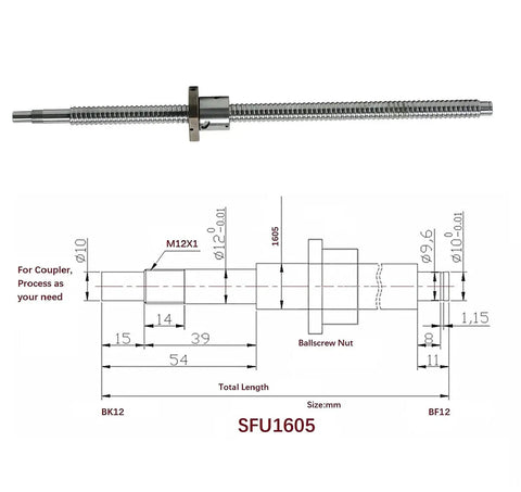 Diagram of 16mm CNC Ballscrew Kit SFU1605 RM1605 Anti-Backlash 400mm Ball Screw with BK12 BF12 Supports