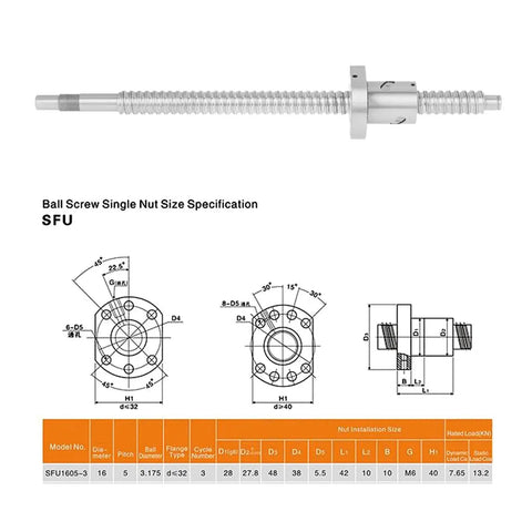 Diagram showing SFU1605 Ball Screw With No Side End Supports, 300mm Rolled Ballscrew With Ball Nut for CNC Machines details