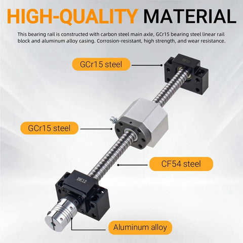 SFU1605 450mm Ball Screw Kit with Nut Housing Bracket and End Supports BK BF10 showing CF54 steel construction for CNC machines.