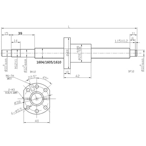 Technical drawing of SFU1605 450mm Ball Screw Kit with Nut Housing Bracket and End Supports BK BF10 for CNC machines.