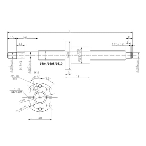 Technical drawing of SFU1605 850mm anti backlash ball screw, part of the HGR20 Linear Motion Kit with 2pcs 800mm Rails for CNC Machines.