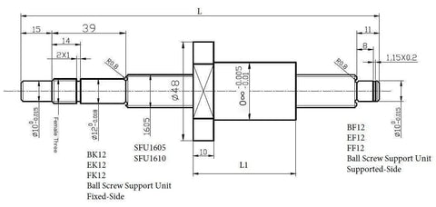 Technical diagram of ✝️ Ball Screws SFU1605 Set SFU1605 Rolled Ball Screw C7 End Machined, dimensions and part details shown.