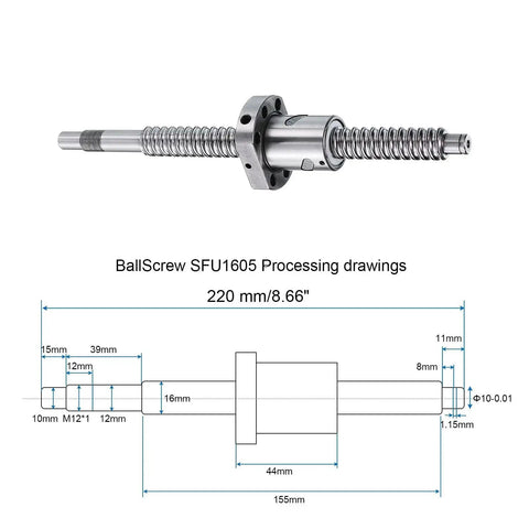 SFU1605 Ball Screw 16mm Diameter, 5mm Lead, 220mm Length With Ball Screw Nut Anti Backlash Kit For BK BF12 CNC Machines