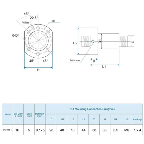 Technical drawing of SFU1605 Ball Screw 16mm Diameter, 5mm Lead, 220mm Length With dimensions and specifications chart.