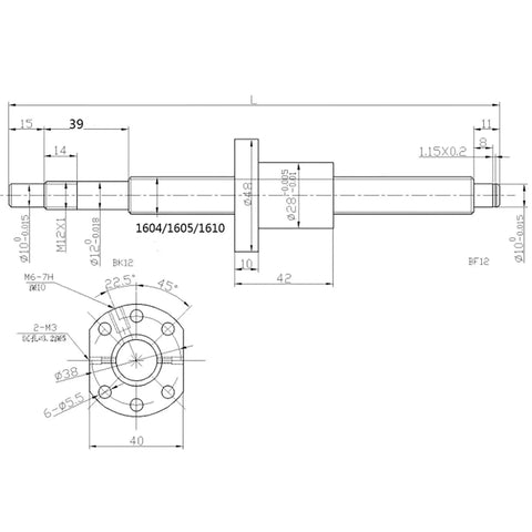 Technical drawing of Ball Screw Kit SFU1605 1500mm 16mm Diameter With BK12 BF12 End Supports for CNC Machines and Robotics