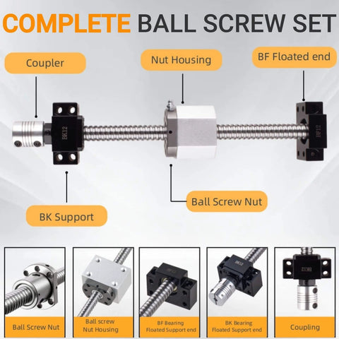 SFU1605 Ball Screw Set 1000mm with Metal Ball Nut, BK BF12 End Supports and Coupler details