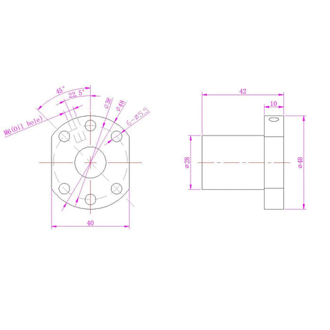Technical drawing of 1PCS SFU1605 Ballscrew Nut Diameter 16mm 5mm Pitch Ball Screw for CNC axis motion and 1605 nut housing Bracket.