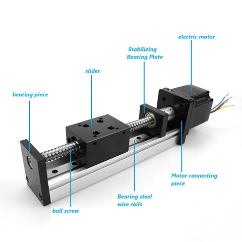 SFU1605 linear slide table with 300mm stroke, single rail ball screw CNC actuator and stepper motor, front view with labeled parts