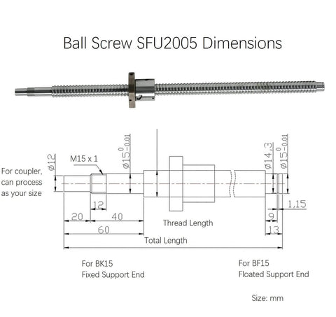 Technical diagram of SFU2005 19.69" / 500mm Anti Backlash Nut 20mm Linear Motion Ball Screws Kit dimensions
