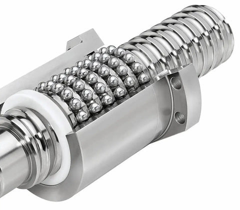 Close-up of SFU2505 Ball Screw Nut Assembly for CNC machines, 25mm diameter, 5mm lead, high precision GCr15 steel, rolled thread C7 accuracy