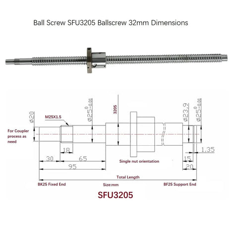 SFU3205 500mm Linear Ball Screw With Anti Backlash Nut Includes BK25 And BF25 Bearing End Supports Locknuts And Circlips Dimensions
