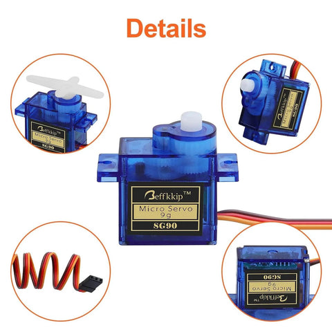 4Pcs SG90 9g Micro Servos for RC Robot Helicopter Airplane Controls Car Boat, blue servos with detailed side and top views