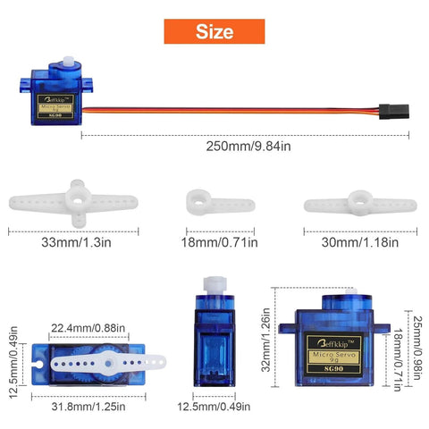4Pcs SG90 9g Micro Servos for RC Robot Helicopter Airplane Controls Car Boat, shown with size measurements and components