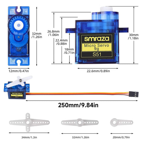 10 Pcs SG90 9G Micro Servo Motor Kit (Metal Gear) for Arduino Projects with dimensions and accessories shown