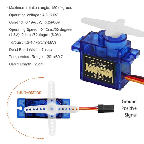 4Pcs SG90 9g Micro Servos for RC Robot Helicopter Airplane Controls Car Boat with specifications and rotation diagram