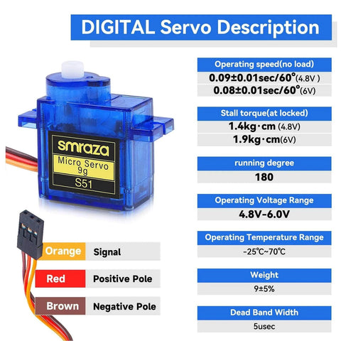 10 Pcs SG90 9G Micro Servo Motor Kit (Metal Gear) for Arduino Projects, showing blue servo with control wires and specs