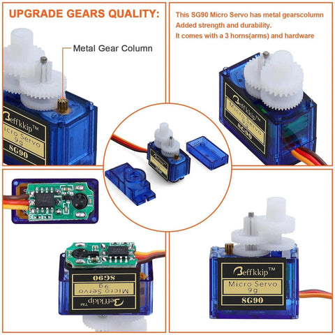 Image showing 4Pcs SG90 9g Micro Servos with metal gears, multiple angles, and internal components for RC robot, helicopter, airplane controls.