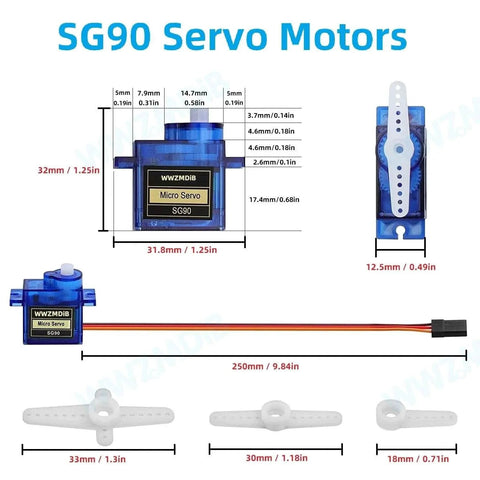 Micro Servo Motor for Arduino Raspberry Pi DIY (3 Pcs) with dimensions and components shown