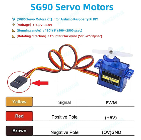 Micro Servo Motor for Arduino Raspberry Pi DIY (3 Pcs), SG90 with wiring, voltage, and signal details.