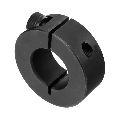 Durable 1-1/4 inch bore shaft collars set in 1045 steel, four-piece split clamp design with M4 screws, front angle view
