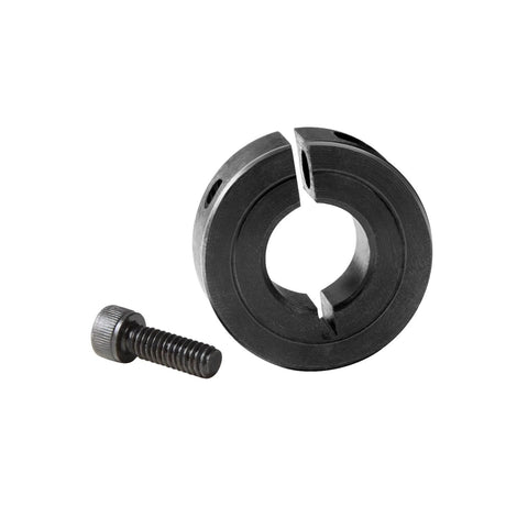 Close-up of a 1/4 bore, 1045 steel shaft collar with M4 set screw, part of (4-Pack) Shaft Collar 1/4" Bore, 1045 Steel Set Screw Split Clamp-On Collars.