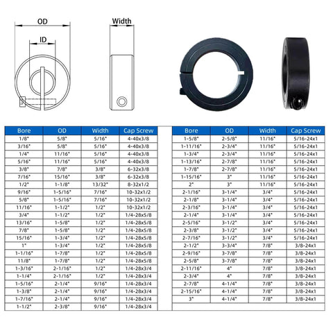 (4-Pack) Shaft Collar 1/4" Bore, 1045 Steel Set Screw Split Clamp-On Collars, 11/16" OD, 5/16" Thickness, with M4 Set Screws, product diagram and specifications chart.