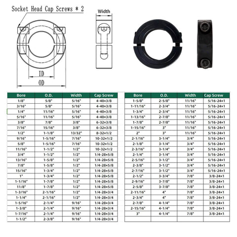 Diagram and table of (4-Pack) Shaft Collar 1" Bore, 1045 Steel Double Split Clamp-On Shaft Collars Style, 1-3/4" OD, 1/2" Thickness, with M4 Set Screws