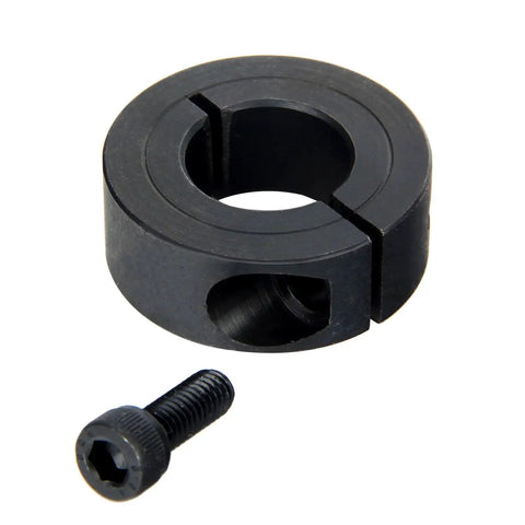 Durable 1-1/4 inch bore shaft collars set in 1045 steel, four-piece split clamp design with M4 screws, close-up view