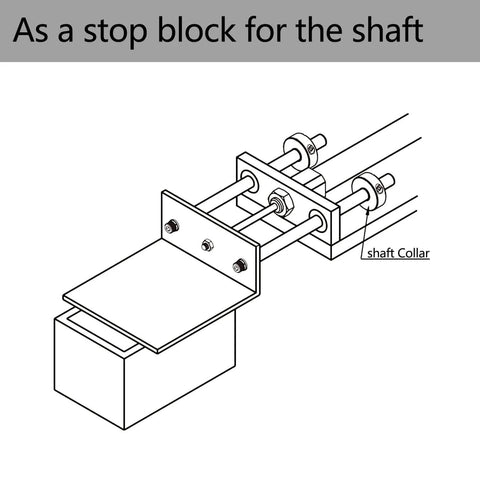 Diagram showing a shaft collar setup as a stop block for machinery, featuring two shafts and a mounted aluminum component labeled 'shaft collar.'