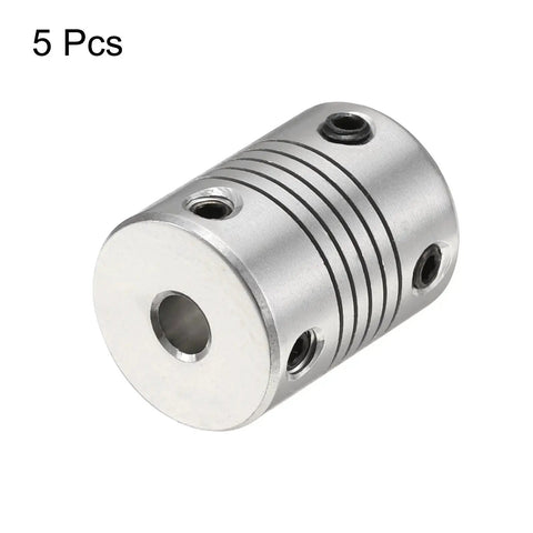 Five Pack Aluminum Shaft Couplings 5mm To 10mm Flexible Motor Couplers For CNC Machines And 3D Printers, 19mm OD, silver tone close-up