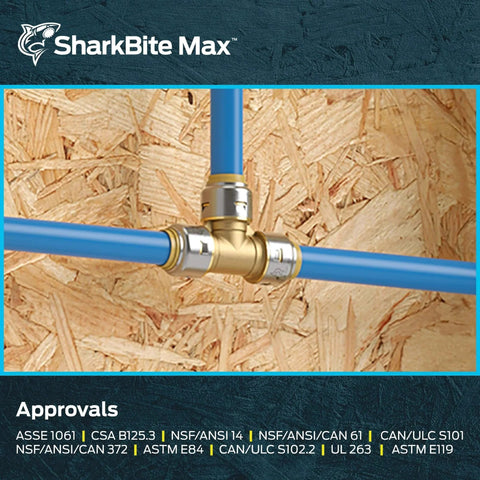 SharkBite Max Half Inch Push To Connect Brass Tee Fitting For PEX Copper CPVC PE RT SDR 9 HDPE Pipes Between Two Same Sized Pipes In Any Combination Quick Install No Solder Glue Or Tools Required UR362A installed on blue PEX pipes