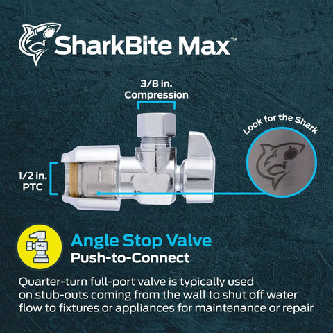 1/2 x 3/8 Inch Compression Angle Stop Valve With Push To Connect Brass Fitting For PEX Copper CPVC PE-RT HDPE SDR-9 Pipes, Quarter Turn Shut Off, SharkBite Max Quick Install No Soldering Or Glue Required UR23036.