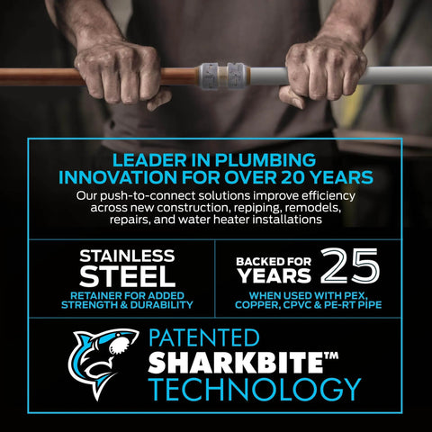 Hands connecting pipes using Patented SharkBite Technology push-to-connect fittings in a plumbing installation.