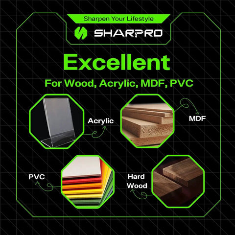Chart with materials like Acrylic, MDF, PVC, and Hard Wood, labeled for V Groove O Flute Chamfer Router Bit 30 Degree One Quarter Inch Shank CNC Carbide V Bit use