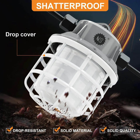Close-up of shatterproof bulb with drop cover from Beefed Up 100ft LED Construction String Lights for Job Sites, Linkable and Hook Ready