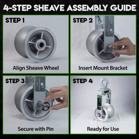 4-step assembly guide for 6" Diameter, Cable Puller Sheave, Hook, Wire, Rope | Capacity 6500lb | Compatible with Greenlee Pullers.