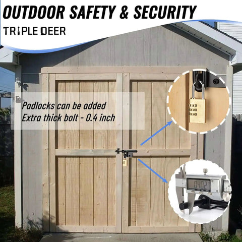 Heavy Duty Sliding Bolt Gate Latch With Padlock Hole For Wood Fence Yard Fence Shed Door Barn Door Black 1 Pack Dual Direction Design Rustproof Durable Outdoor Gate Hardware installed on shed doors.