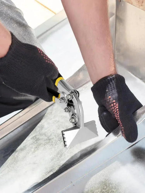 Person using Sheet Metal Bender And Hand Seamer 3 Inch Alloy Steel Straight Jaw Tool on metal edge, wearing gloves for safety.