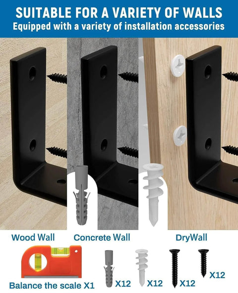 12 inch Shelf Brackets 6-Pack shown installed on wood, concrete, and drywall with included accessories and level tool