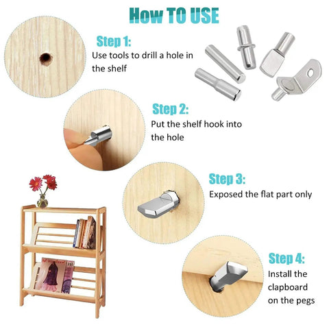 Instructions for installing 144 Piece Shelf Pins Pegs Kit With 5 Styles Of Metal Shelf Supports For Cabinets And Shelves.