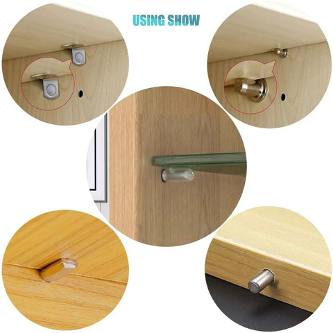 144 Piece Shelf Pins Pegs Kit With 5 Styles Of Metal Shelf Supports for cabinets and shelves shown in use