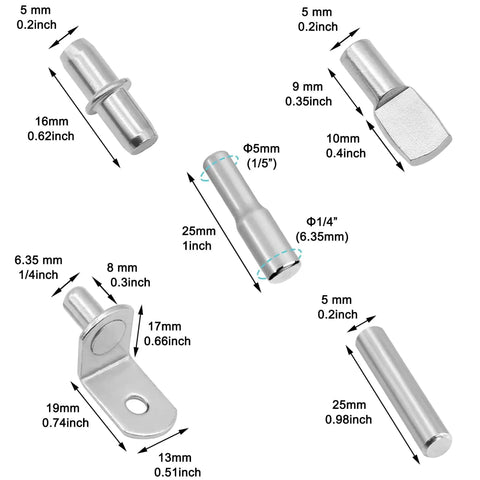 Different metal peg styles in 144 Piece Shelf Pins Pegs Kit With 5 Styles Of Metal Shelf Supports For Cabinets And Shelves